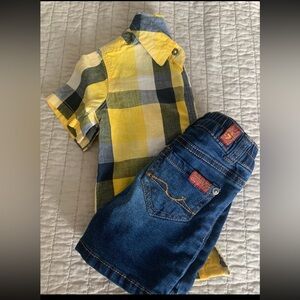 7 For All Mankind 18M Yellow & Blue Button-up Shirt and Jean Shorts Set